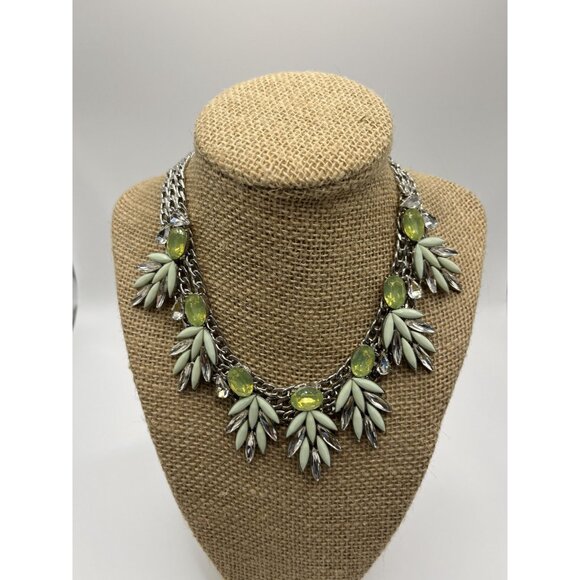 Silver tone Natasha Statement Necklace With Green & Clear Gemstones 10" Length - Picture 6 of 8